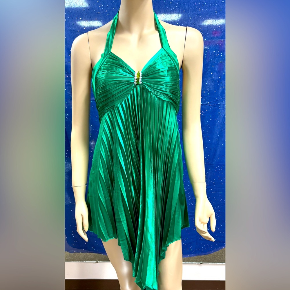 Satin Pleated Emerald Halter Dress